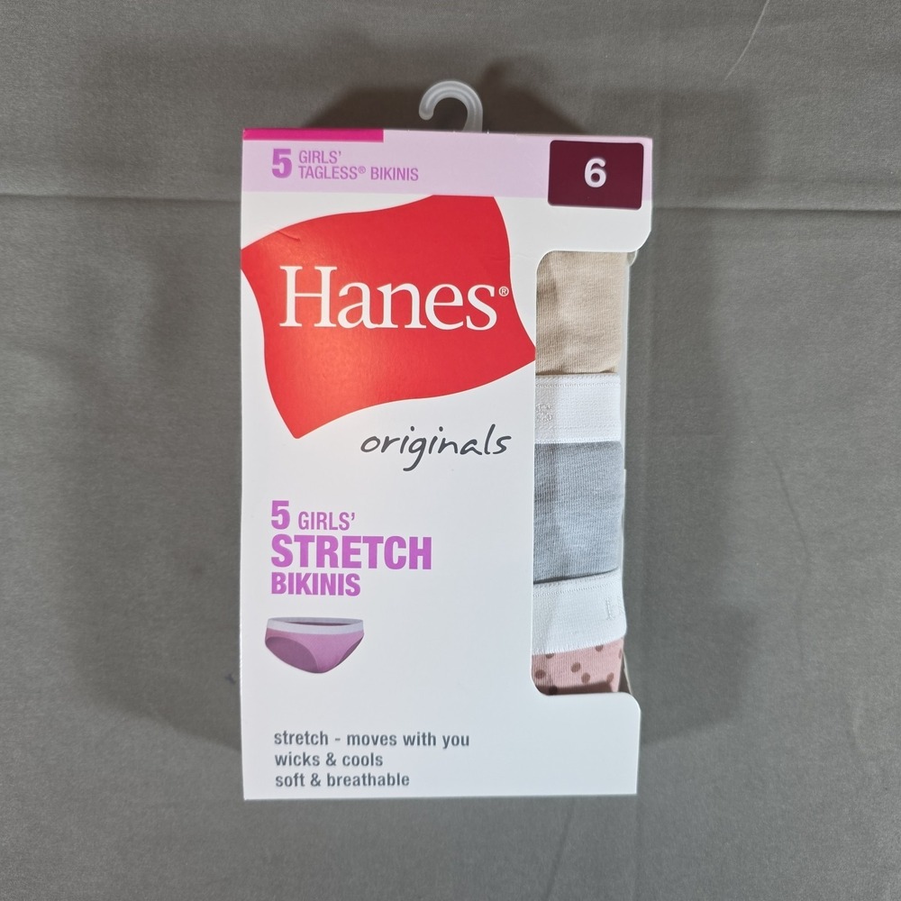 Hanes Originals Girls Size 6 4-Way Stretch‎ Soft Tagless Bikini Underwear 5 Pack